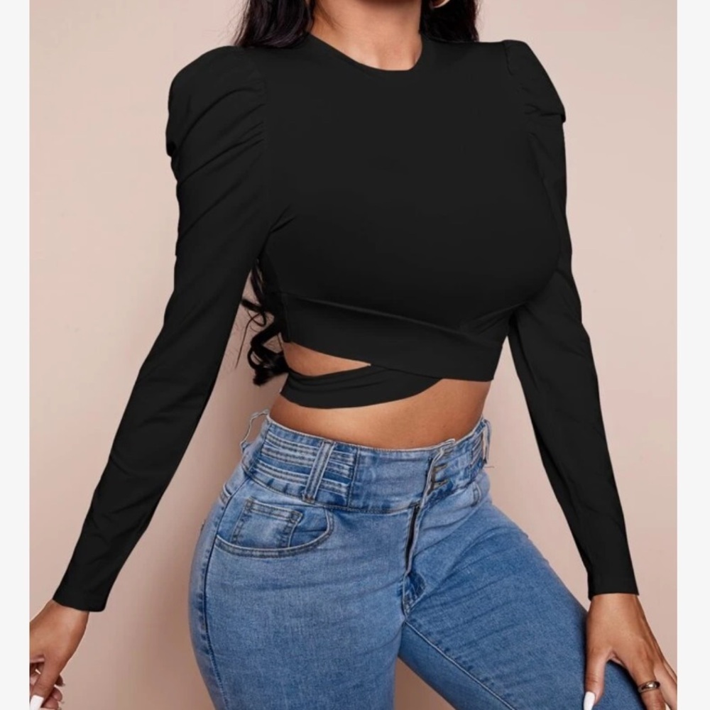 Shein Black Long Sleeve Puff Shoulders Criss Cross Crop Top Large - Picture 4 of 9